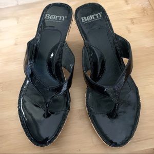 New BORN Black Patent Leather Sandals Cork Heel